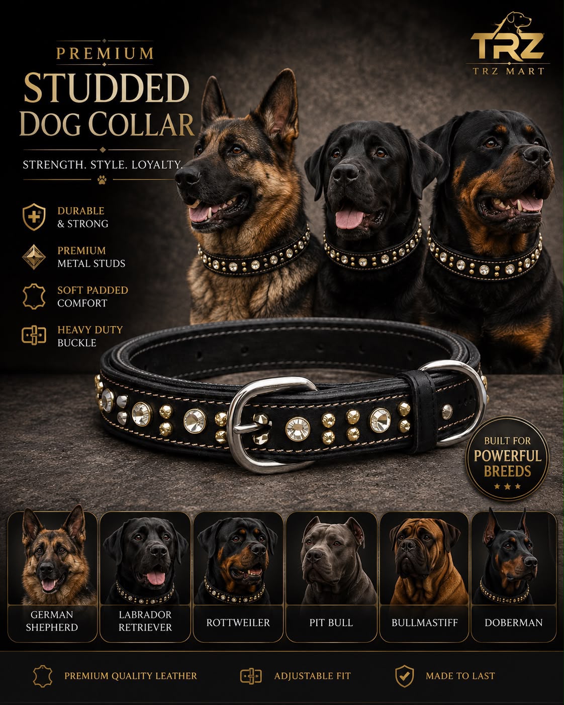 Premium Rhinestone Studded Leather Dog Collar
